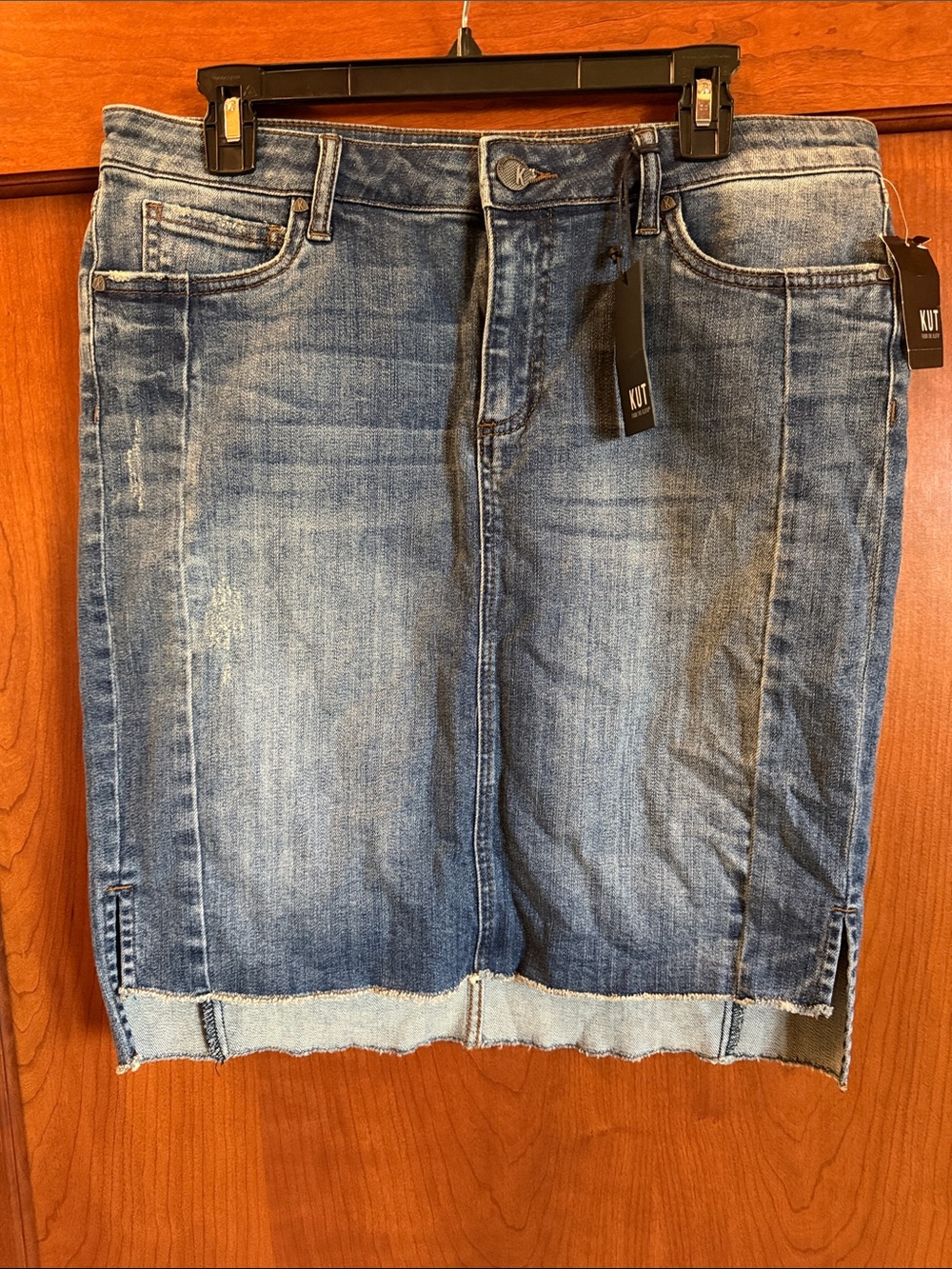 Kut from the Kloth Medium Blue Hi-Low Denim Pencil Skirt with Frayed Hem